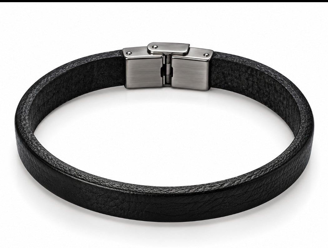 Flat Black Leather Strap Bracelet — Silver Box Clasp