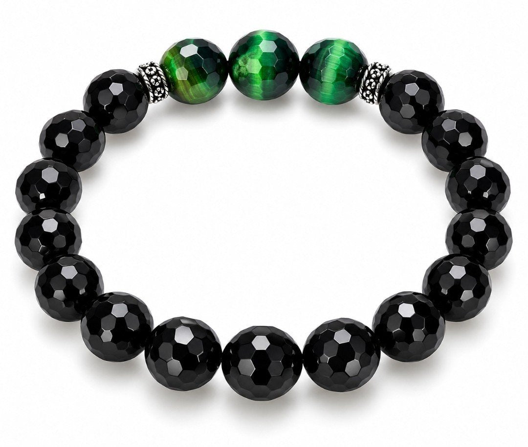Faceted Black Onyx & Green Tiger's Eye Stretch Bracelet