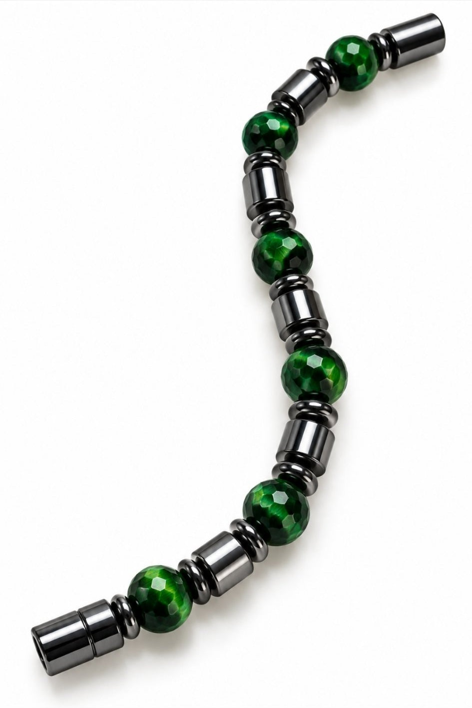 Faceted Green Tiger's Eye & Hematite Barrel Magnetic Bracelet — full strand