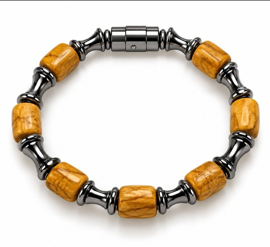 Square Picture Jasper & Hourglass Hematite Magnetic Bracelet, round view