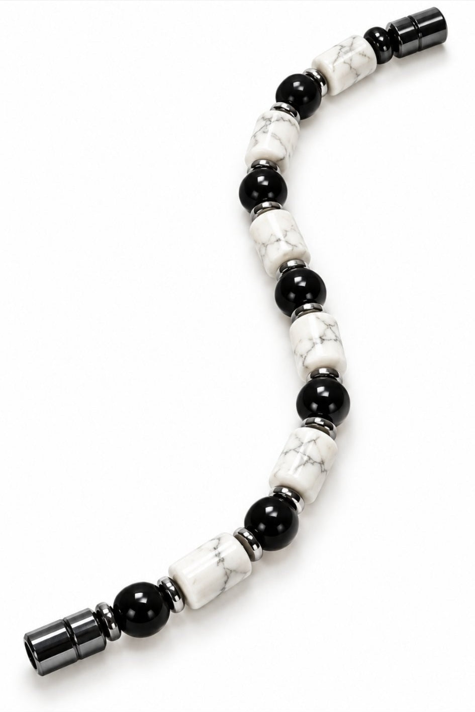 White Howlite Barrel & Black Onyx Magnetic Bracelet — full strand