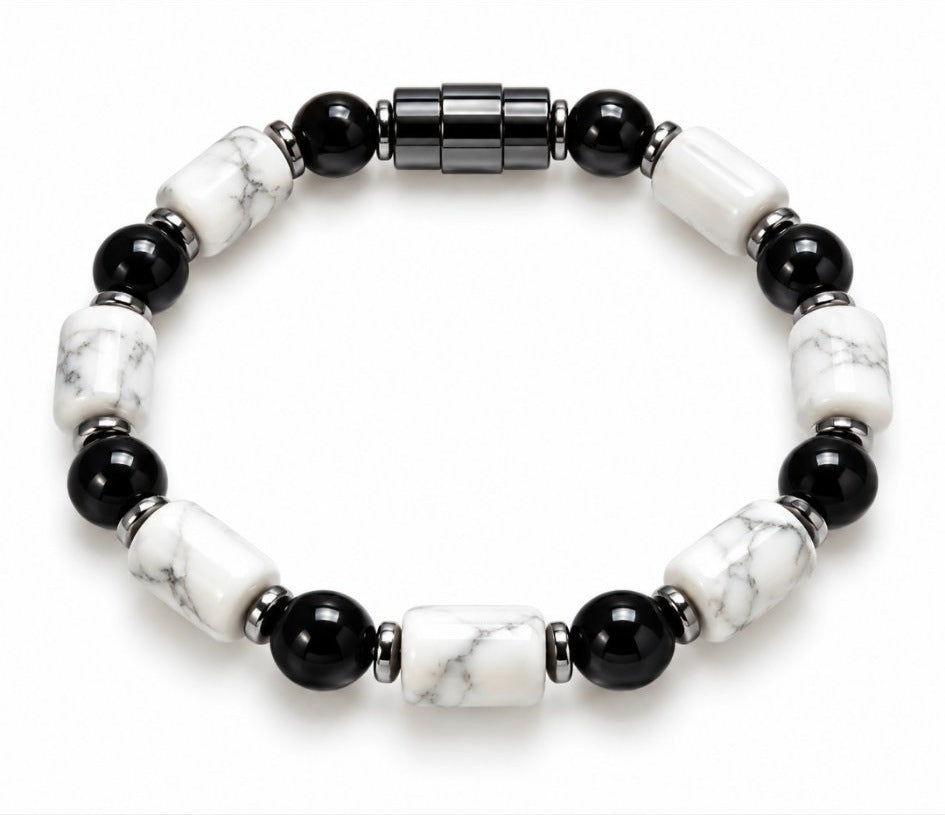 White Howlite Barrel & Black Onyx Magnetic Bracelet
