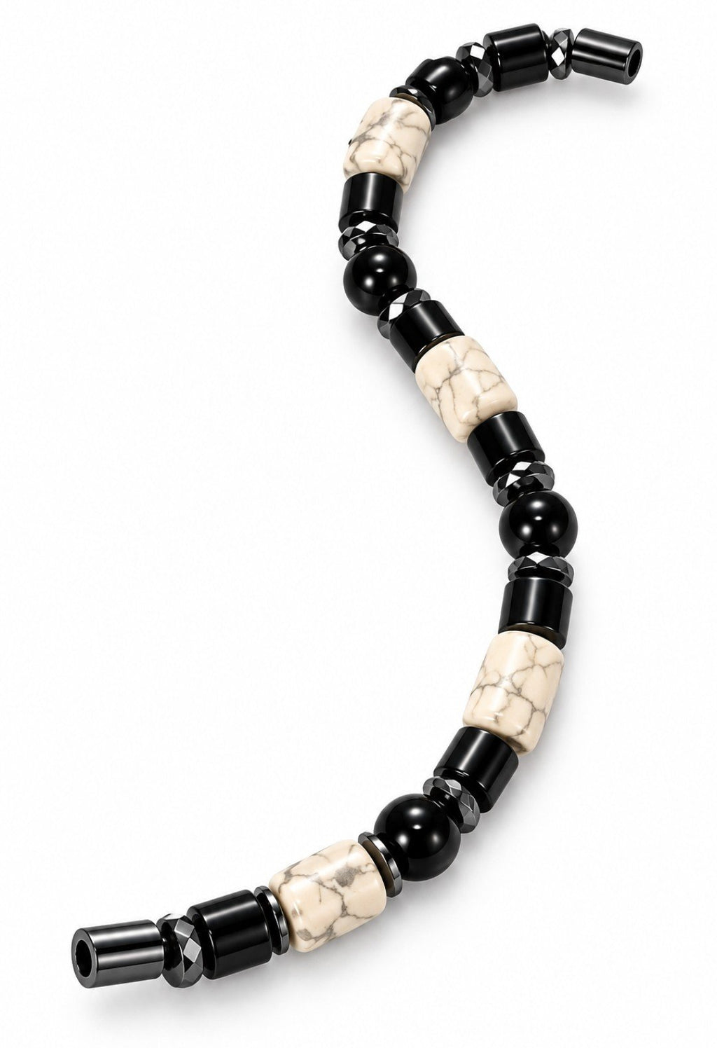 White Howlite & Black Onyx Barrel Magnetic Bracelet, straight view