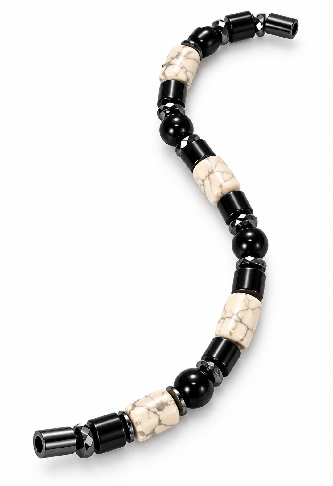 White Howlite & Black Onyx Barrel Magnetic Bracelet, straight view