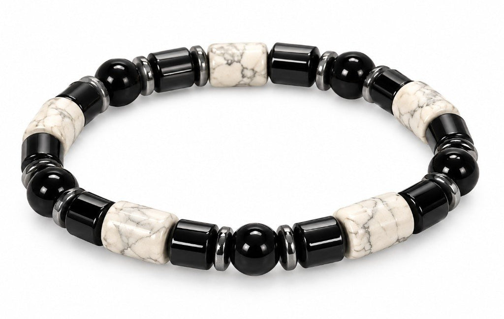 White Howlite & Black Onyx Barrel Magnetic Bracelet, round view