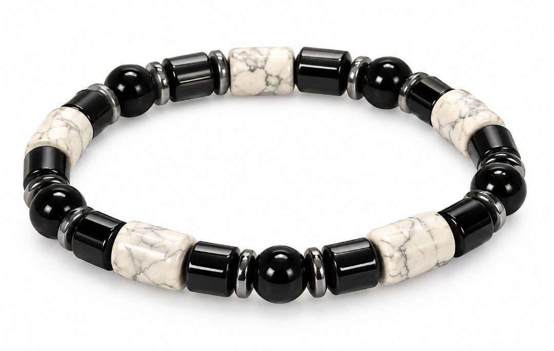 White Howlite & Black Onyx Barrel Magnetic Bracelet, round view